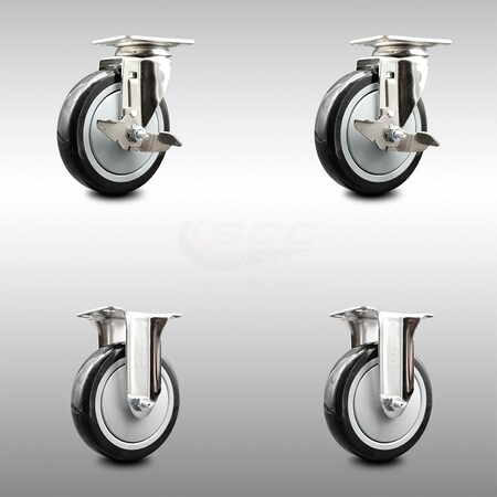 Service Caster 5 Inch 316SS Black Polyurethane Swivel Top Plate Caster Brake 2 Rigid SCC, 2PK SCC-SS31620S514-PPUB-BLK-TLB-2-R-2